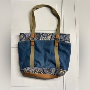 Denim Purse Satchel Shoulder Bag Paisley Print Blue Faux Leather Cotton